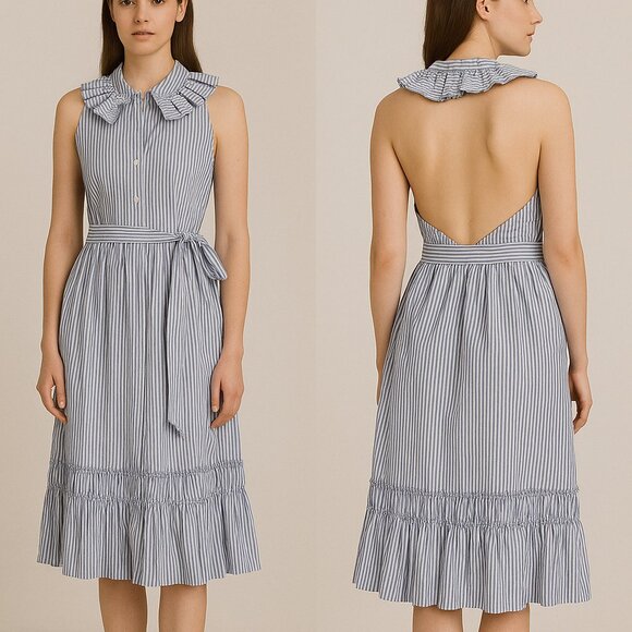 Alexis blue white Briley stripped backless dress size M
